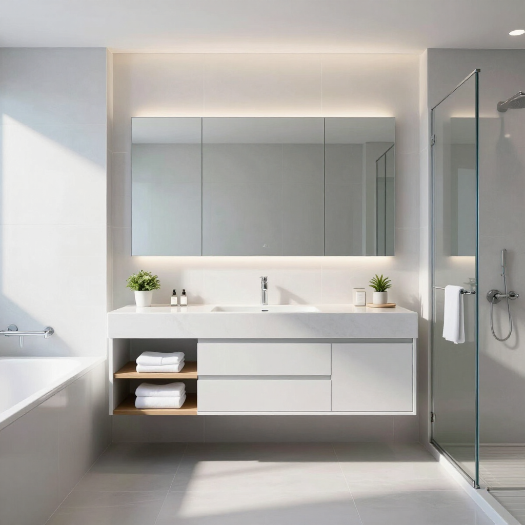 Modern white bathroom with double sink, large mirror, glass shower, tub, and open towel shelves