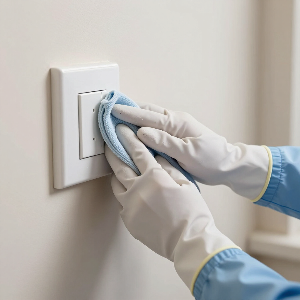 Gloved hands wiping a white light switch with a cleaning cloth on a wall