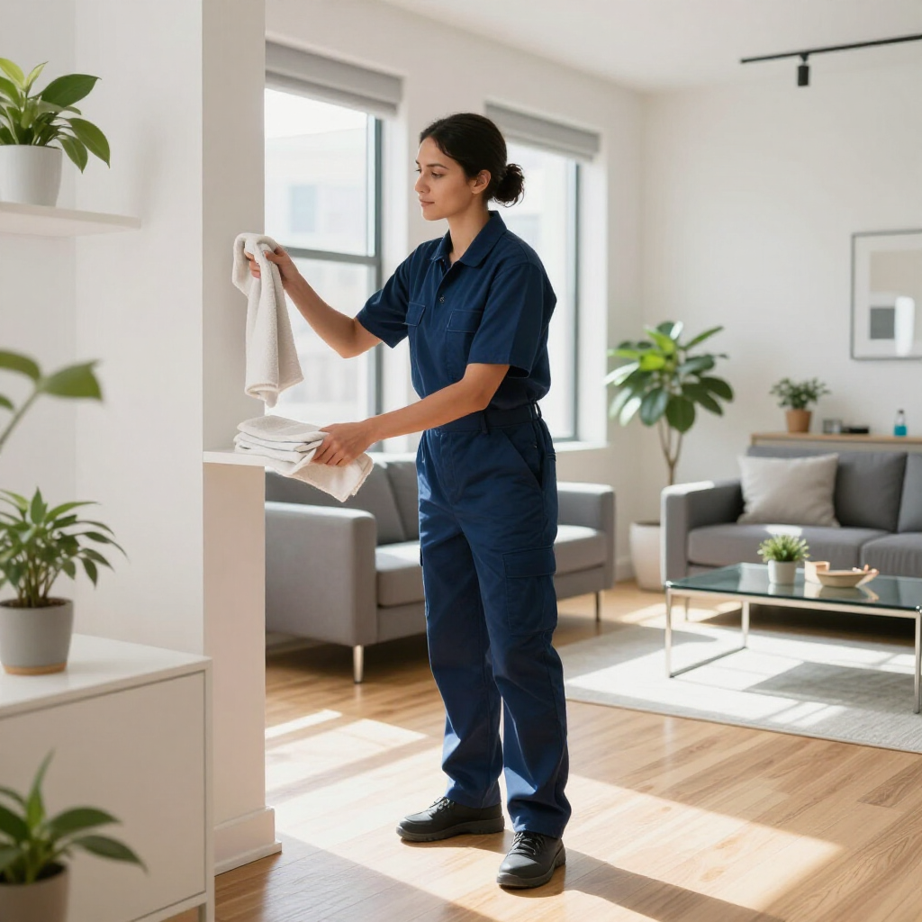 Cleaner dusting a white shelf in a bright living room
