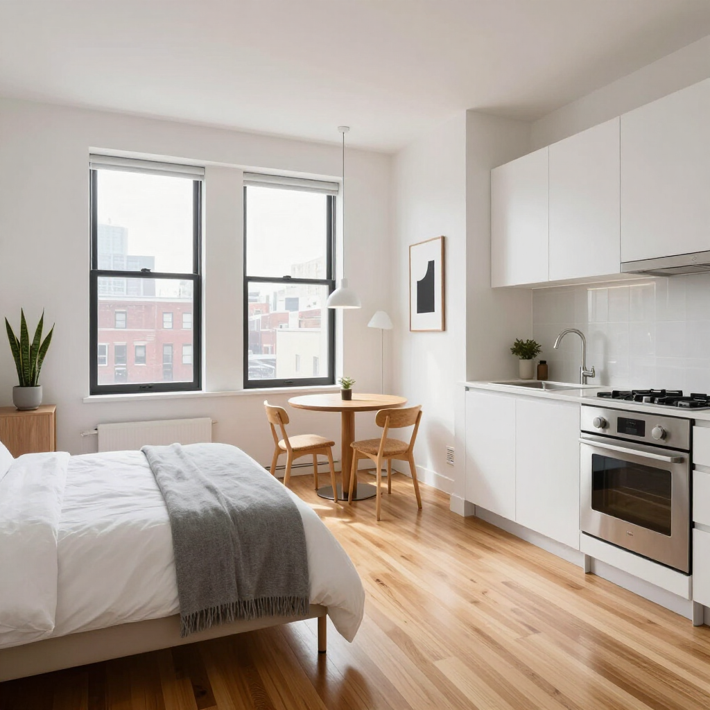 Bright studio apartment with bed, kitchen, dining table, and large windows with city view