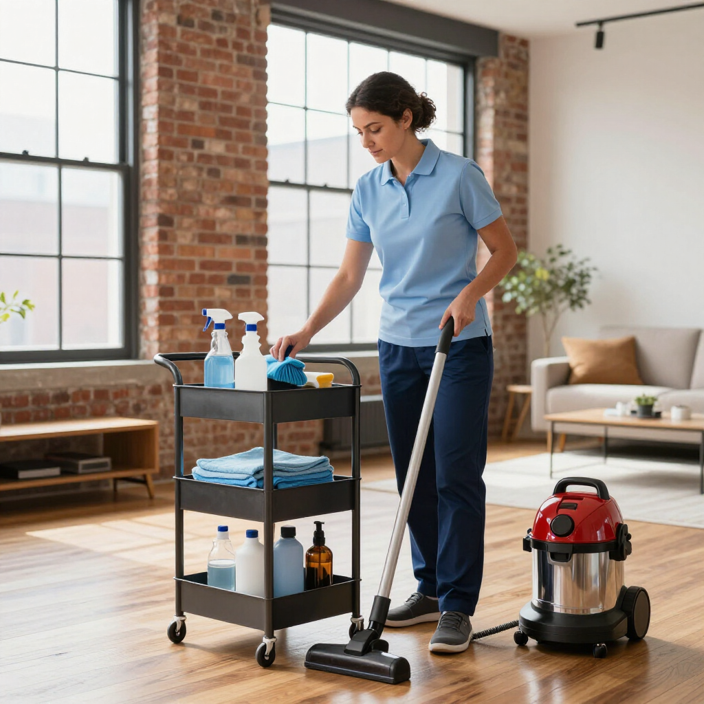 Cleaner mopping a bright living room beside a supply cart and vacuum cleaner