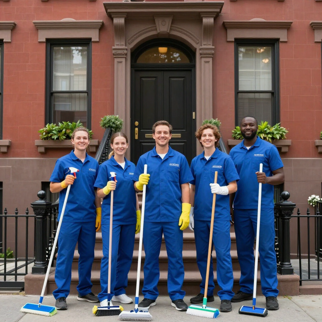 Five cleaners in blue uniforms posing with mops and buckets in front of a brownstone building.