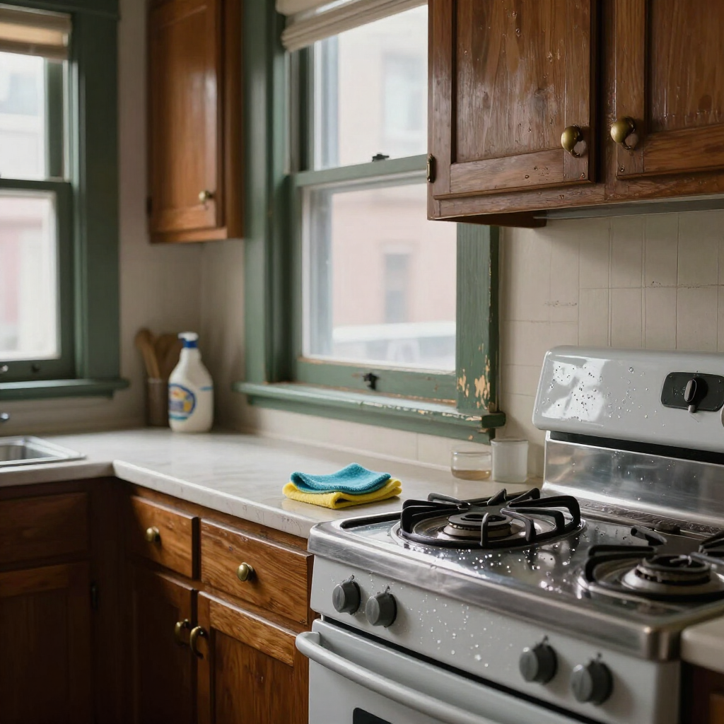 Small kitchen with wooden cabinets, a white stove, and a sink by a sunlit window.