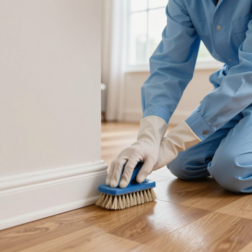 Person in blue coveralls scrubbing a hardwood floor and baseboard with a brush.