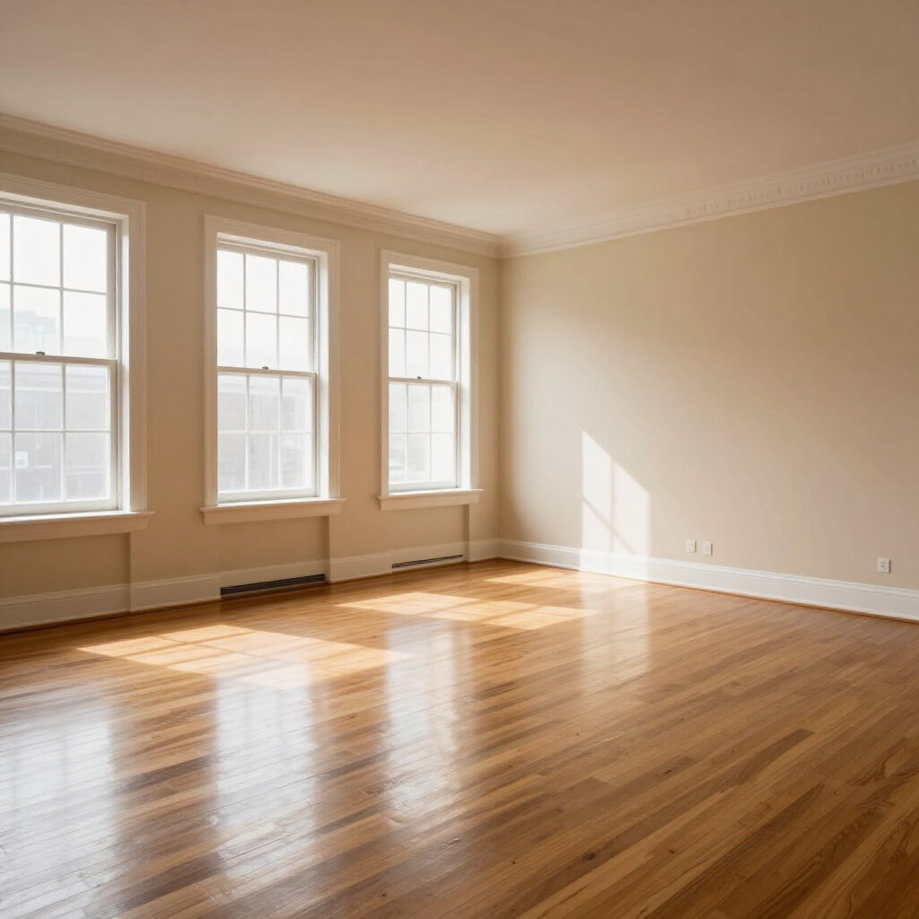 Empty sunlit room with hardwood floors, beige walls, and three tall windows