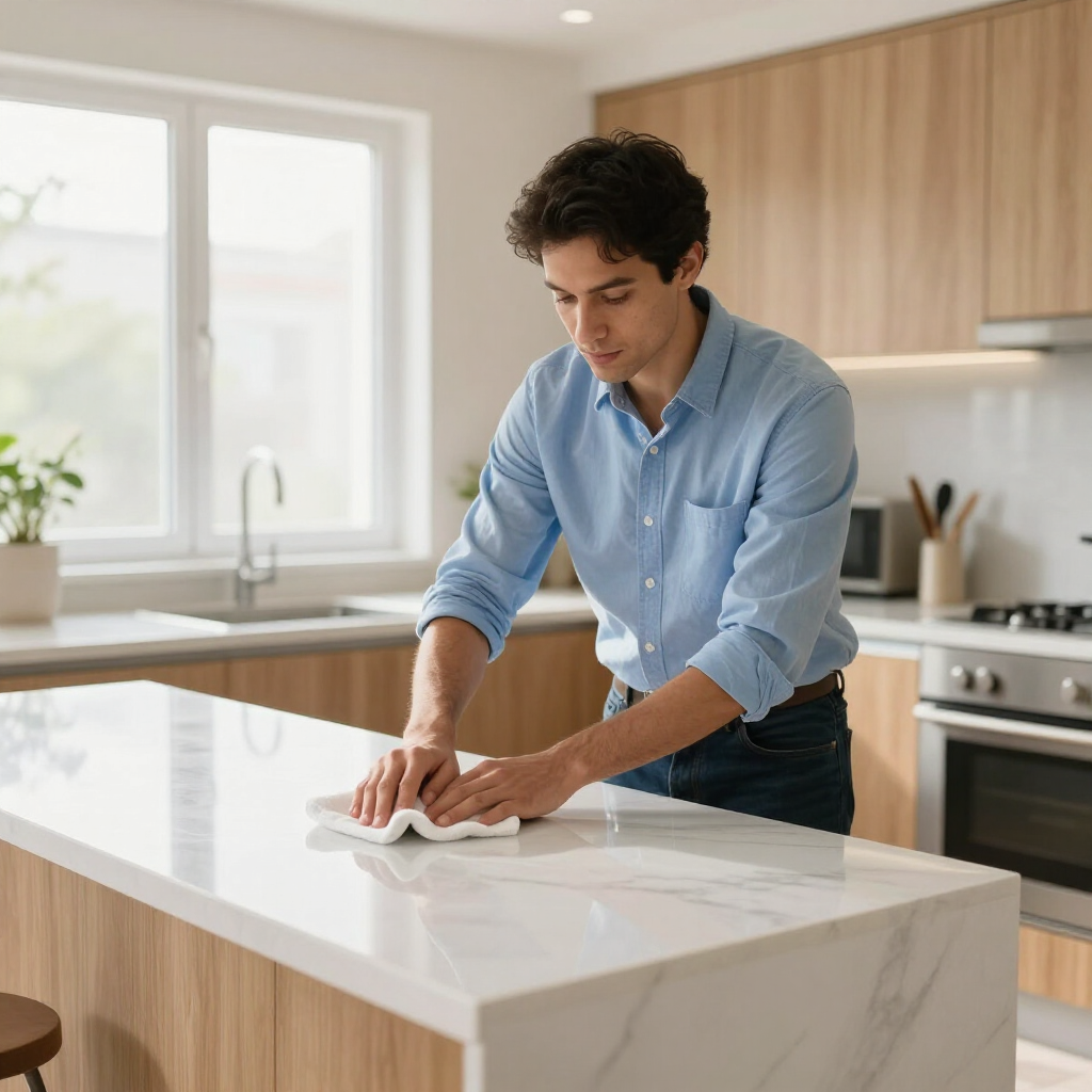 Person wiping a white marble kitchen island with a cloth in a bright modern kitchen