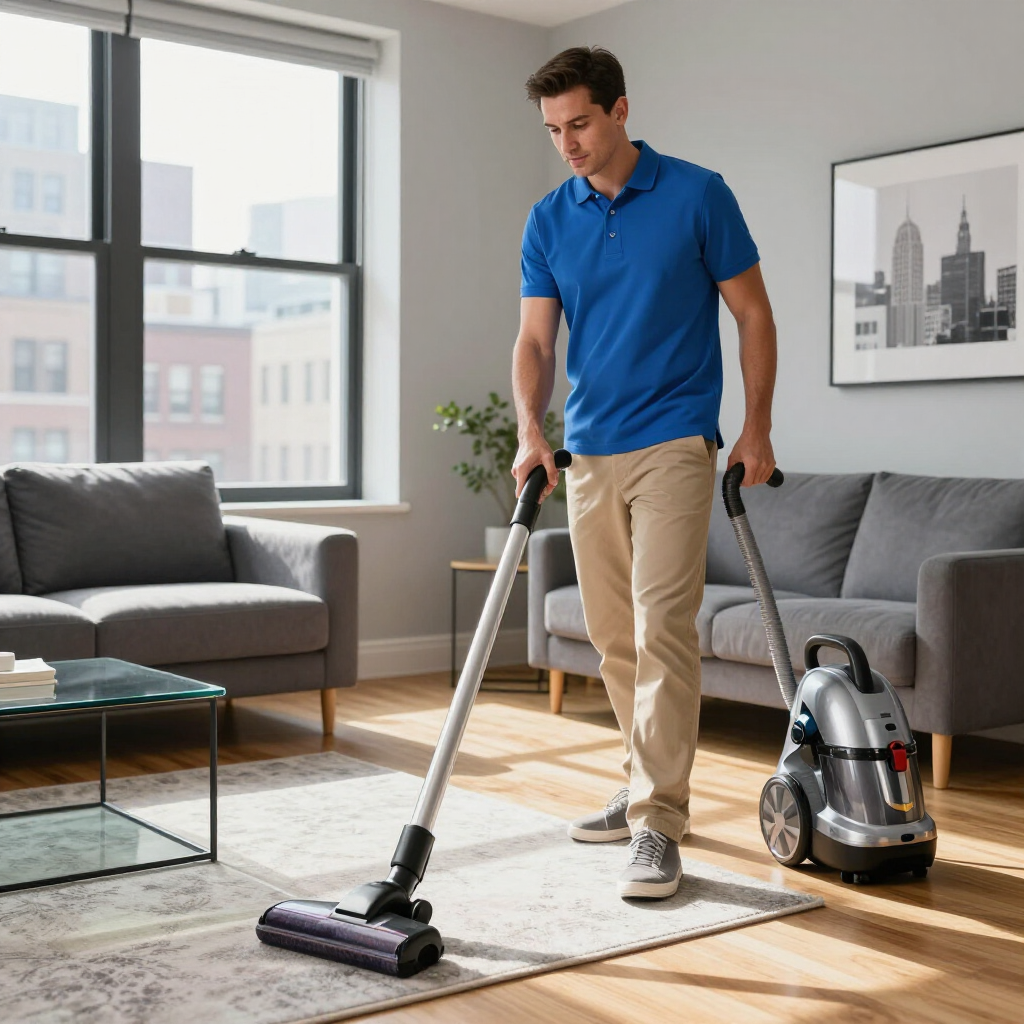 Man vacuuming a bright living room with a cordless vacuum and canister vacuum nearby