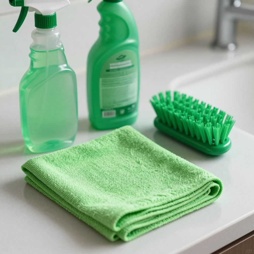 Green cleaning spray bottles, brush, and folded cloth on a white countertop.