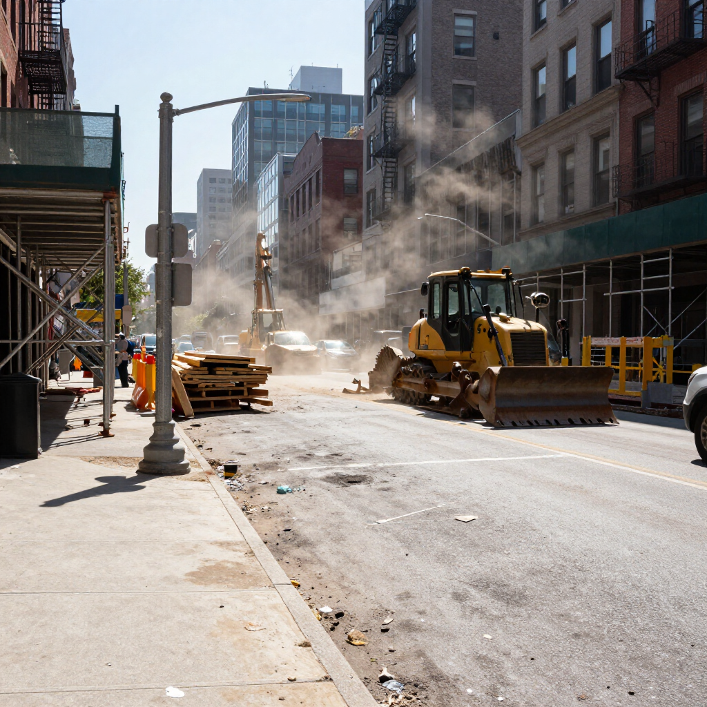 City street construction with a bulldozer, steam rising, and scaffolding along the sidewalks.
