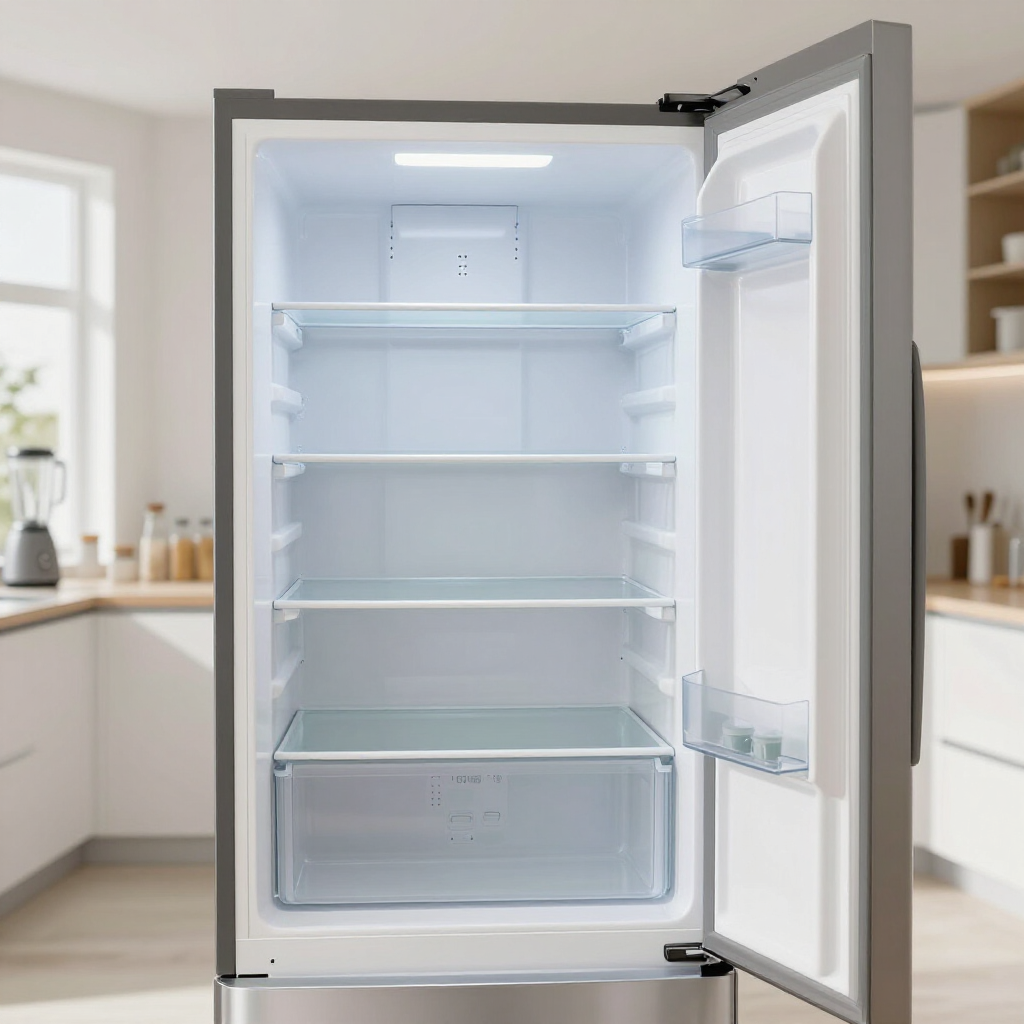 Open refrigerator with empty glass shelves in a bright kitchen