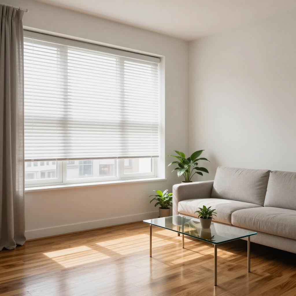Bright living room with a beige sofa, glass coffee table, plants, and sunlight through a large window with blinds