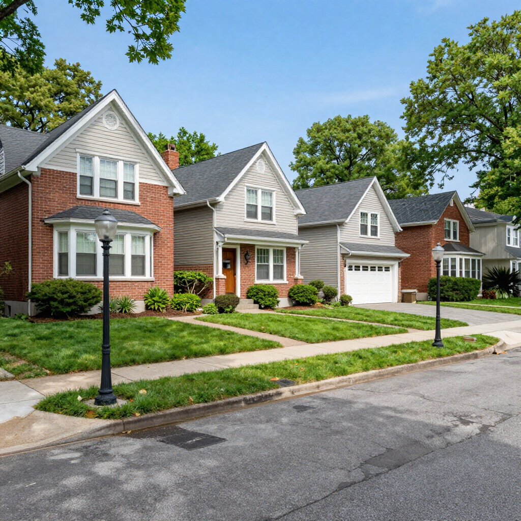 Quiet suburban street with brick and gray houses, manicured lawns, and lampposts under a blue sky