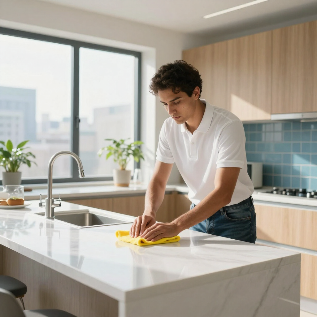 Person wiping a white kitchen island with a yellow cloth in a bright modern kitchen