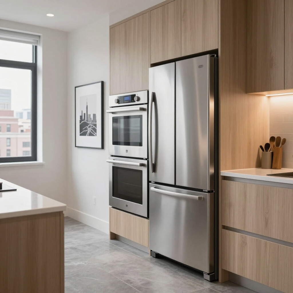 Modern kitchen with stainless steel appliances, wood cabinets, and a window on the left