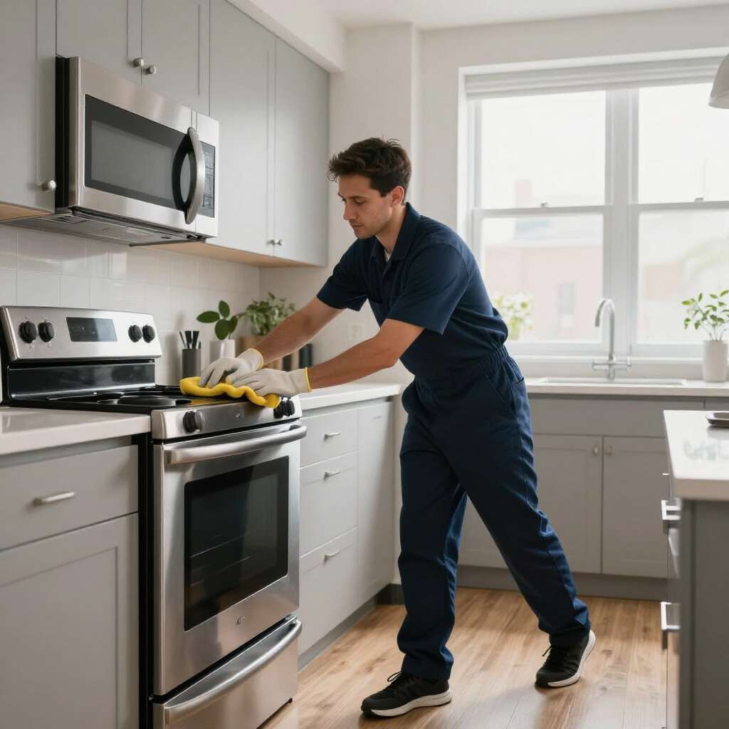 Person cleaning a stainless steel stove in a bright kitchen with gray cabinets and a window