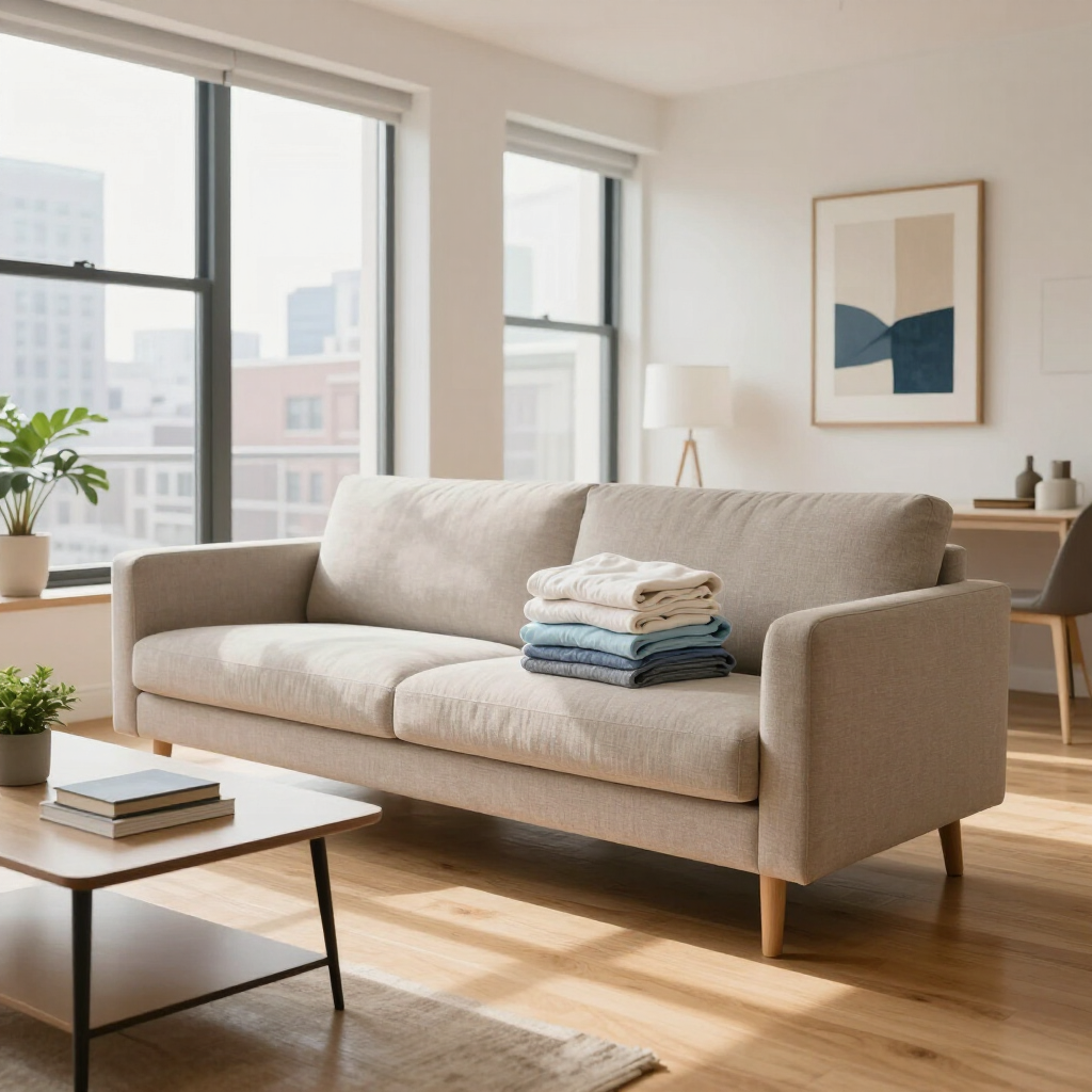 Bright living room with beige sofa, stacked towels, coffee table, and large windows with city view.