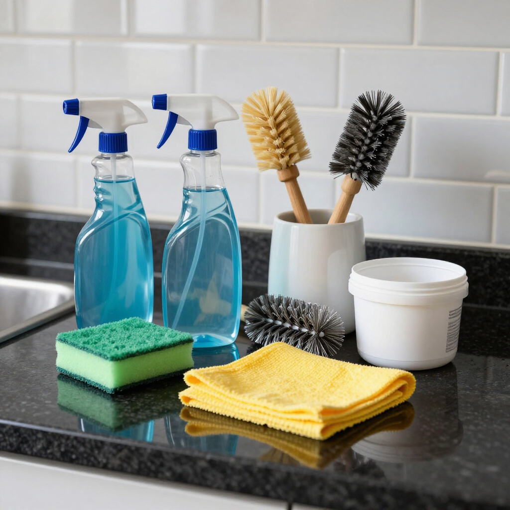 Cleaning supplies on a kitchen counter: spray bottles, scrub brushes, sponge, cloths, and a container of wipes.
