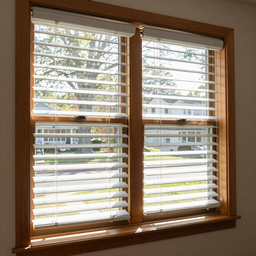 Sunlit wooden window with white blinds and a view of trees and houses outside