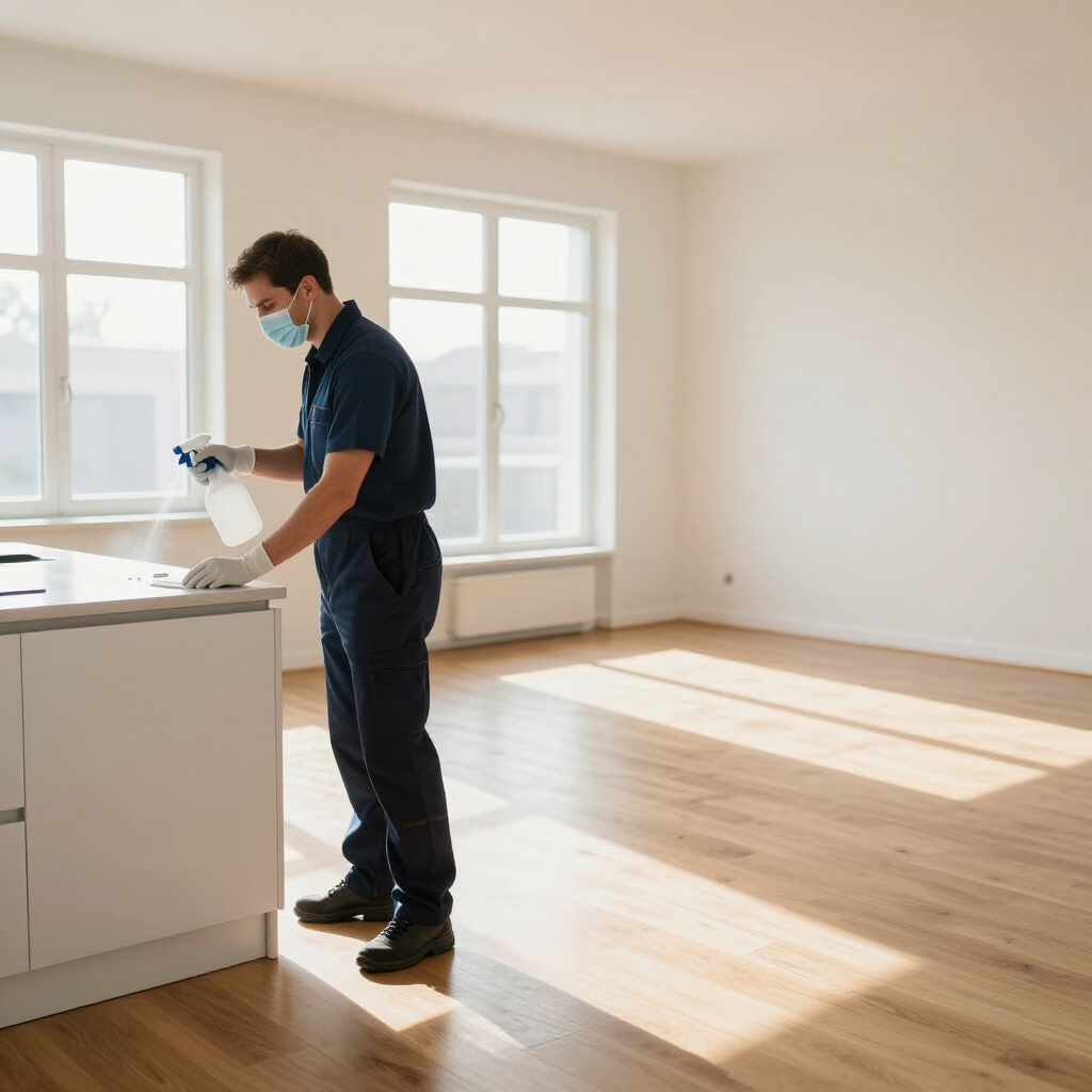 Masked worker disinfecting a bright empty room near a kitchen counter