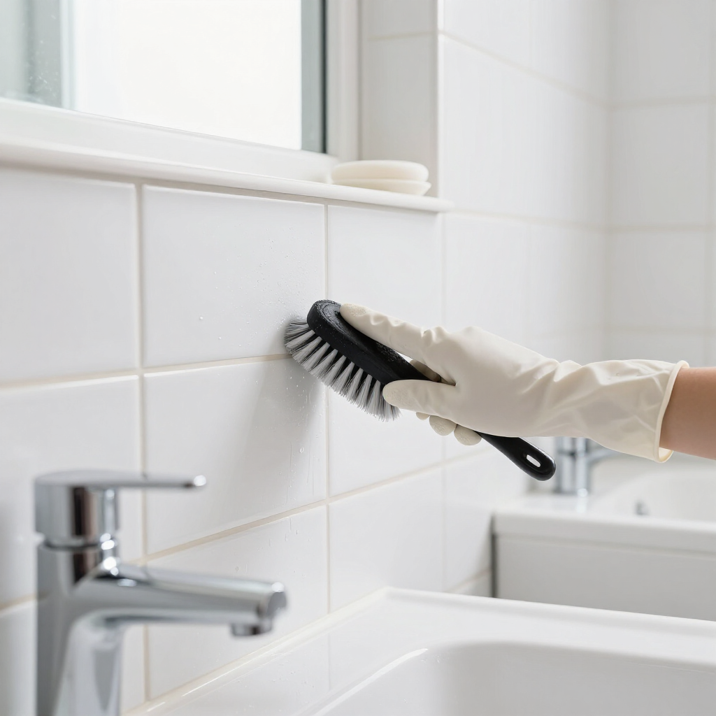 Gloved hand scrubbing a bathroom sink faucet with a brush beside a white sink and tiled wall