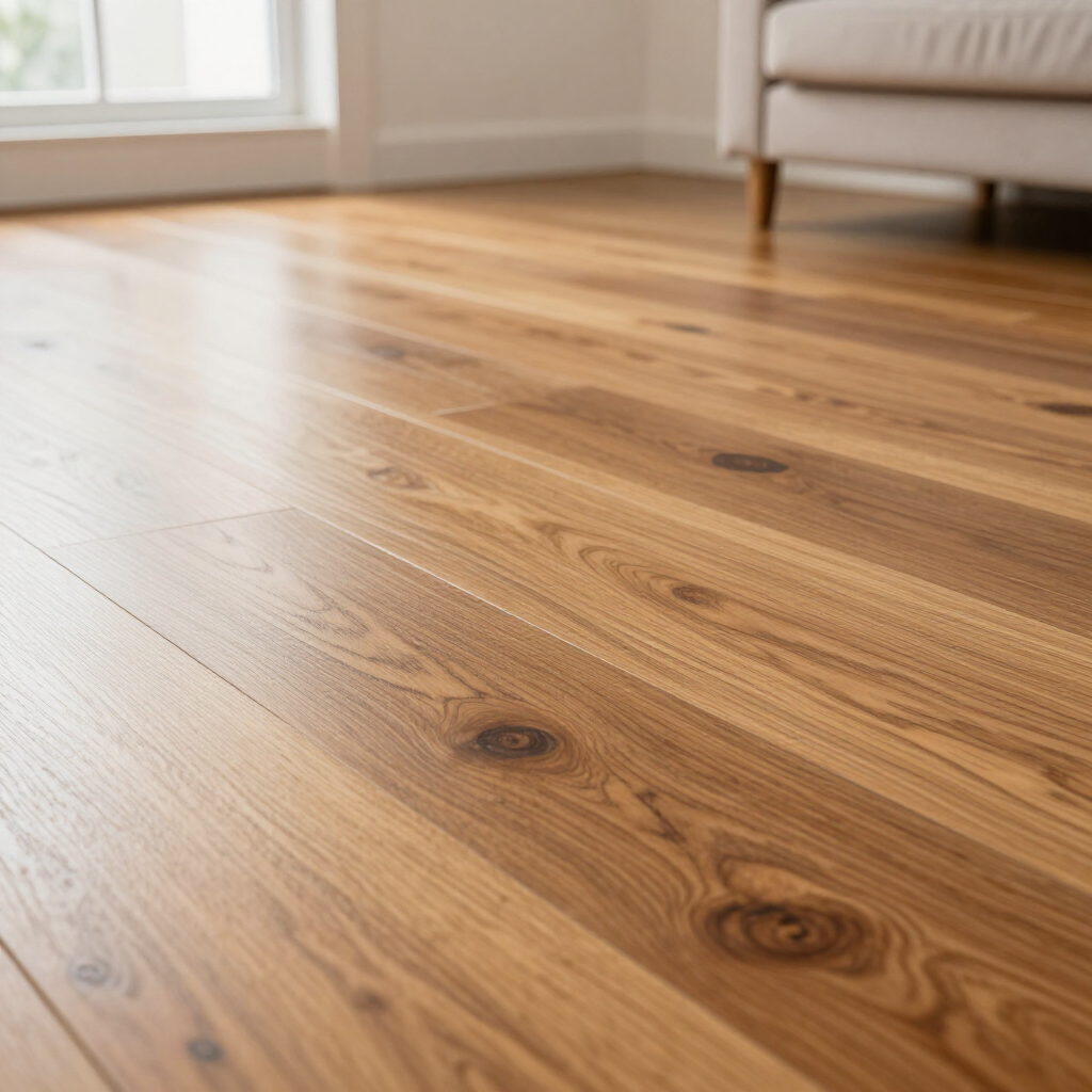Sunlit wooden floor in a bright living room with a sofa in the background