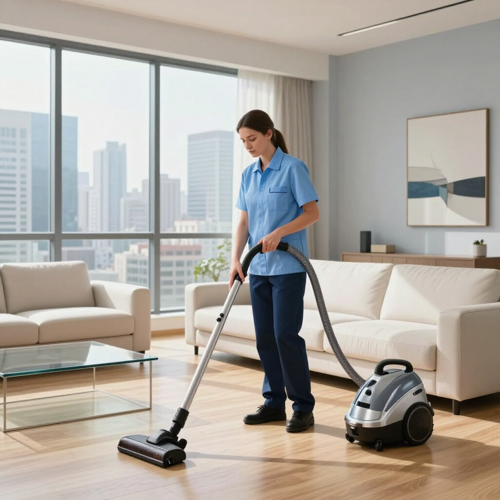 Vacuuming a bright living room beside a sofa and city-view windows