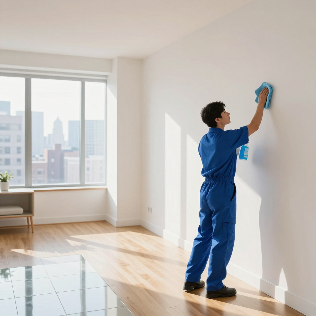 Person in blue coveralls wiping a white wall in a sunlit empty apartment