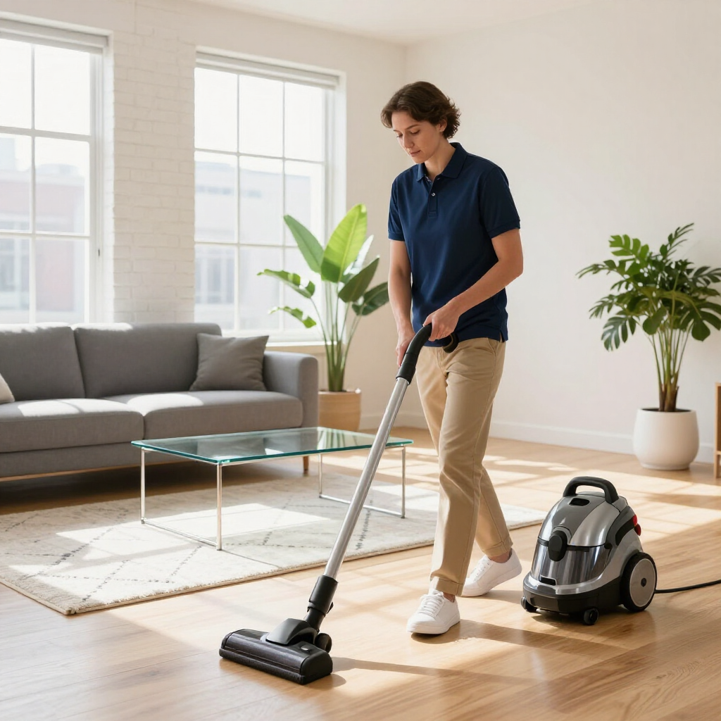 Person vacuuming a bright living room with a canister vacuum and hardwood floors