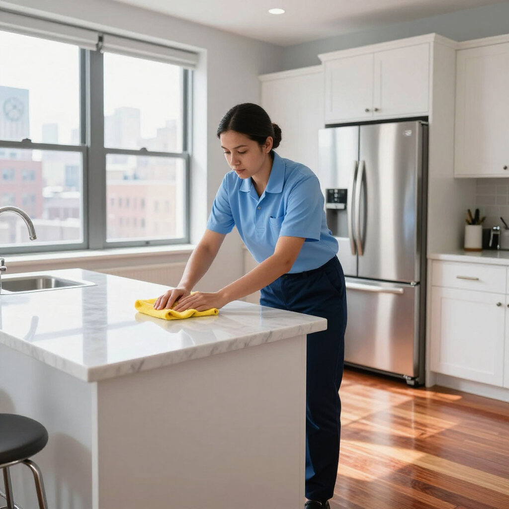 Person cleaning a white kitchen island with a yellow cloth, near a stainless-steel refrigerator and large window.