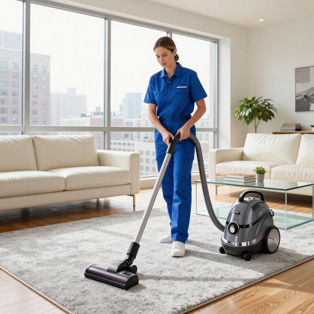 Vacuuming a light gray rug in a bright living room with a canister vacuum