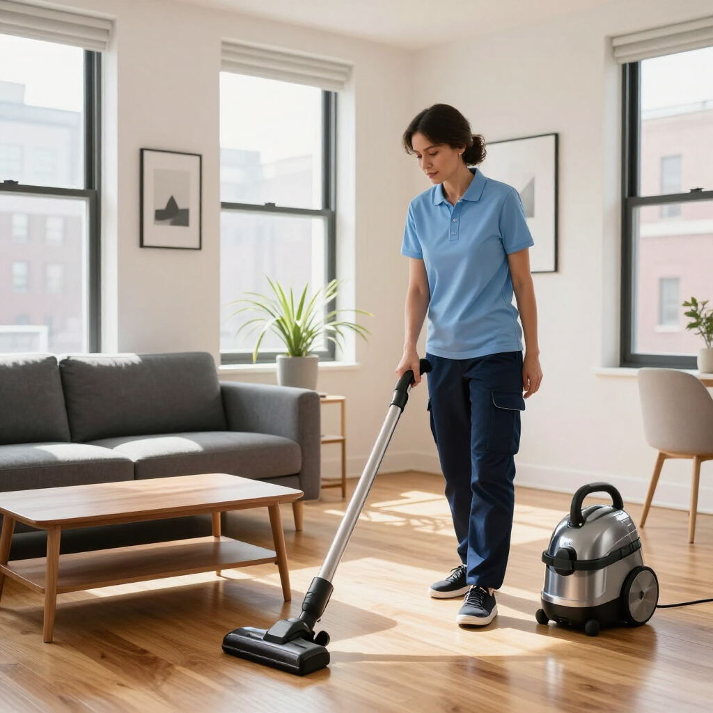 Person vacuuming a bright living room with a canister vacuum beside them