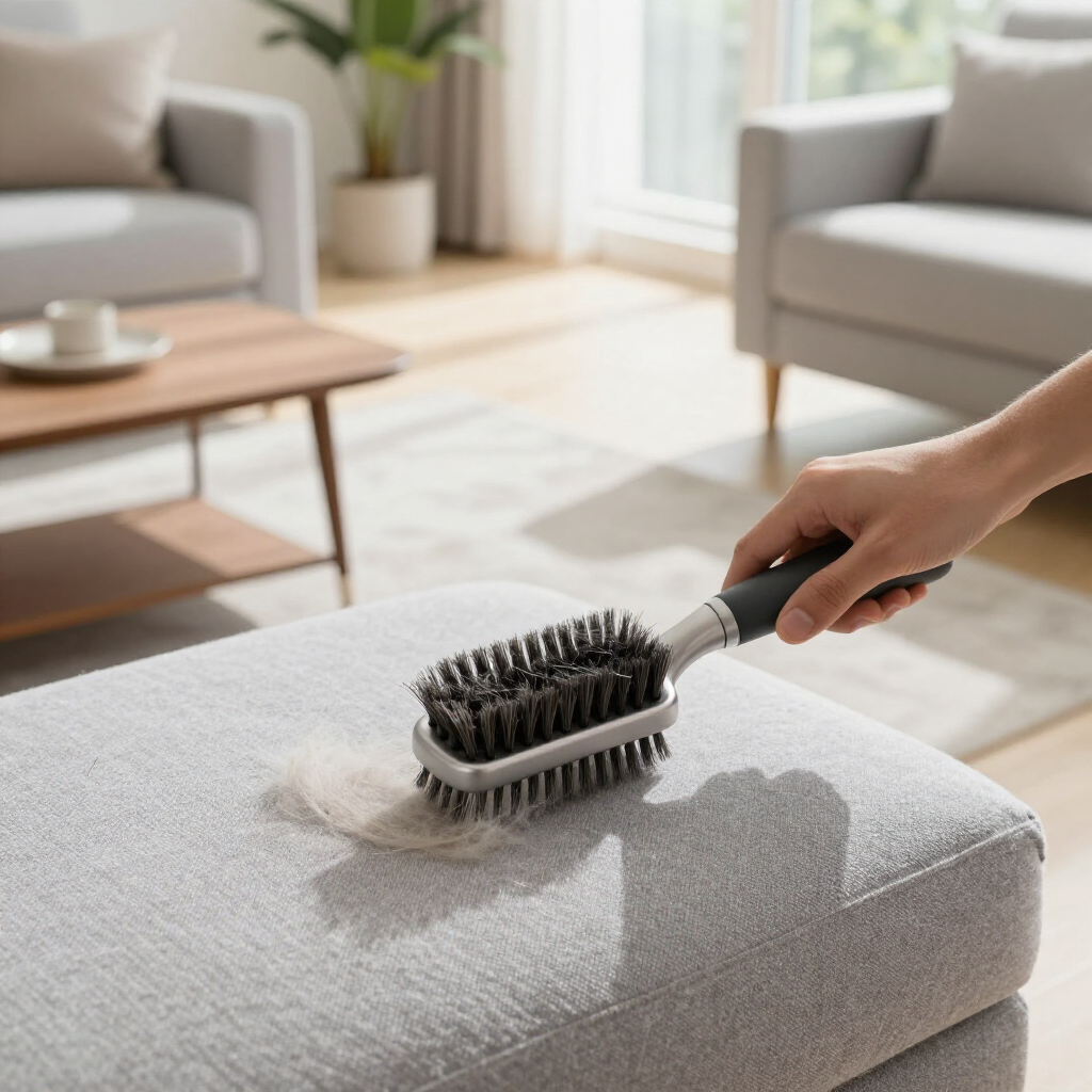 Hand brushing dust from a gray sofa cushion in a bright living room