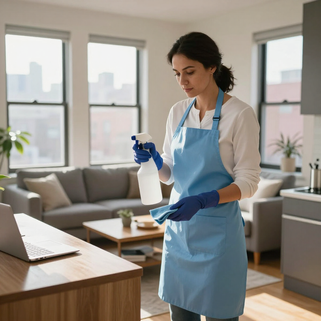 Cleaner in blue apron disinfecting a tablet in a bright living room