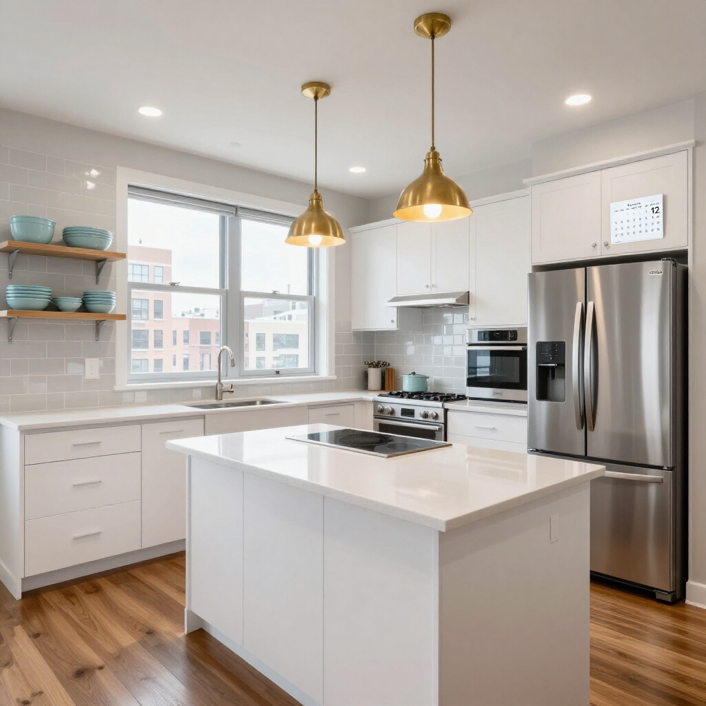 Modern white kitchen with island, stainless steel appliances, brass pendant lights, and hardwood floors