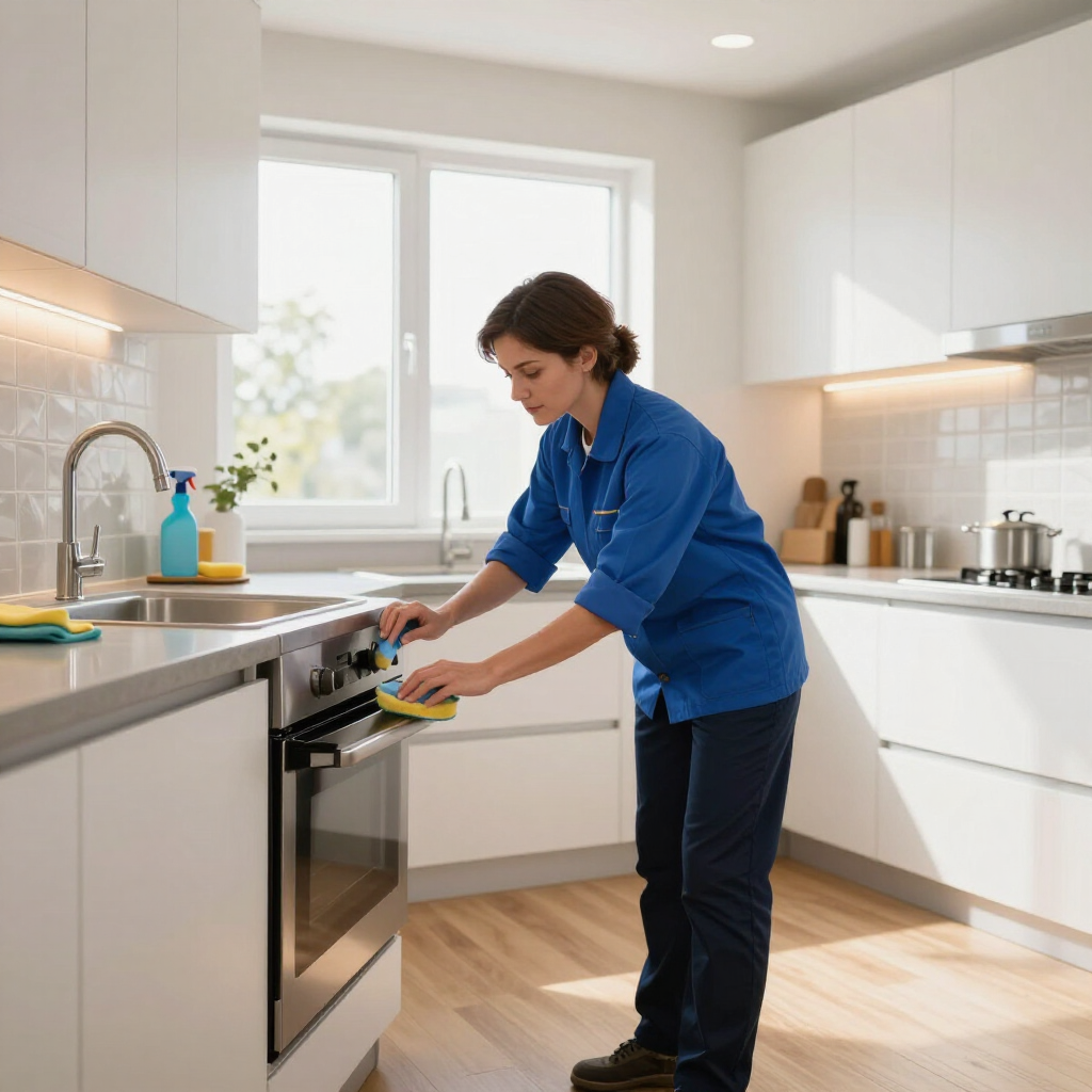 Person in a blue shirt cleaning an oven in a bright modern kitchen