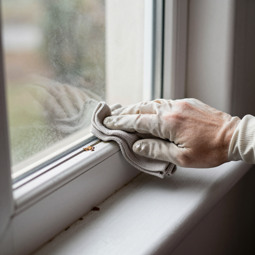Gloved hand wiping a dusty windowsill with a cloth beside a window