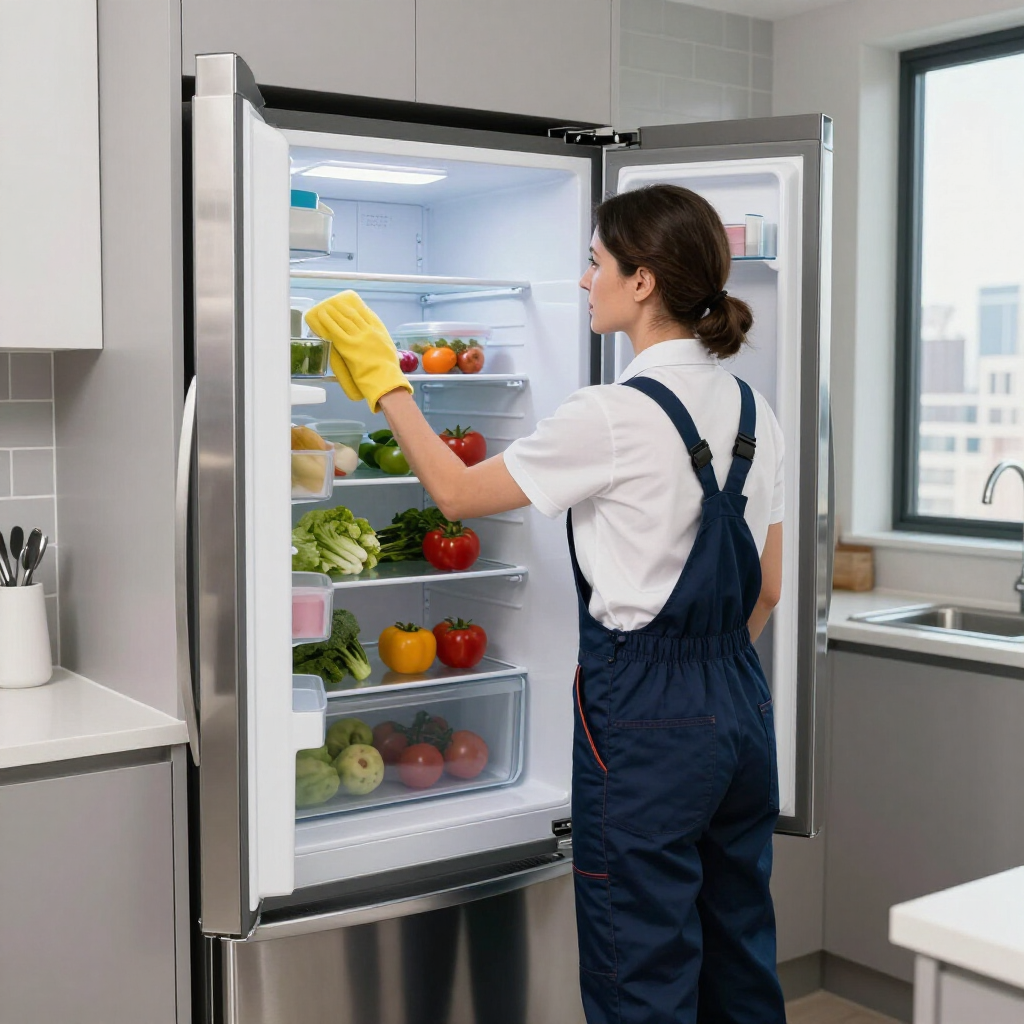 Woman in a kitchen cleaning an open refrigerator with yellow gloves and blue overalls