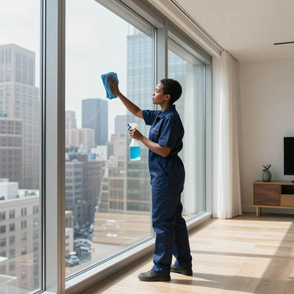 Cleaner wiping a large window in a bright high-rise apartment with city skyline outside