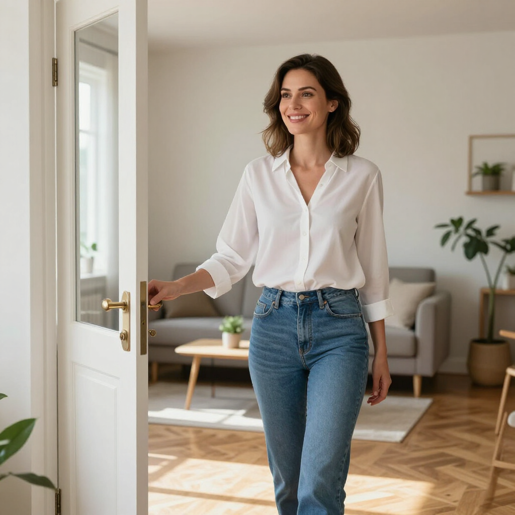 Woman opening a white door into a bright living room, smiling and wearing a white blouse and jeans
