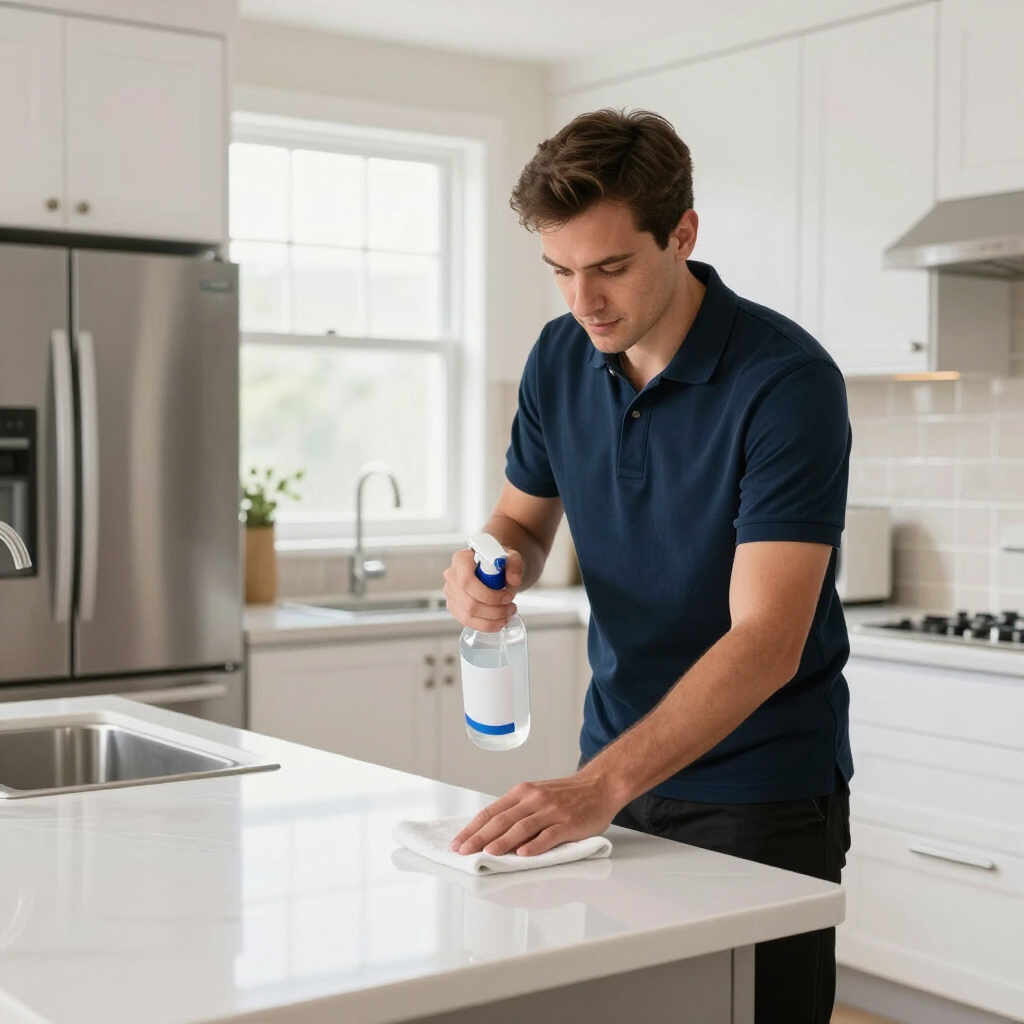 Person wiping a white kitchen counter with a spray bottle in a bright modern kitchen