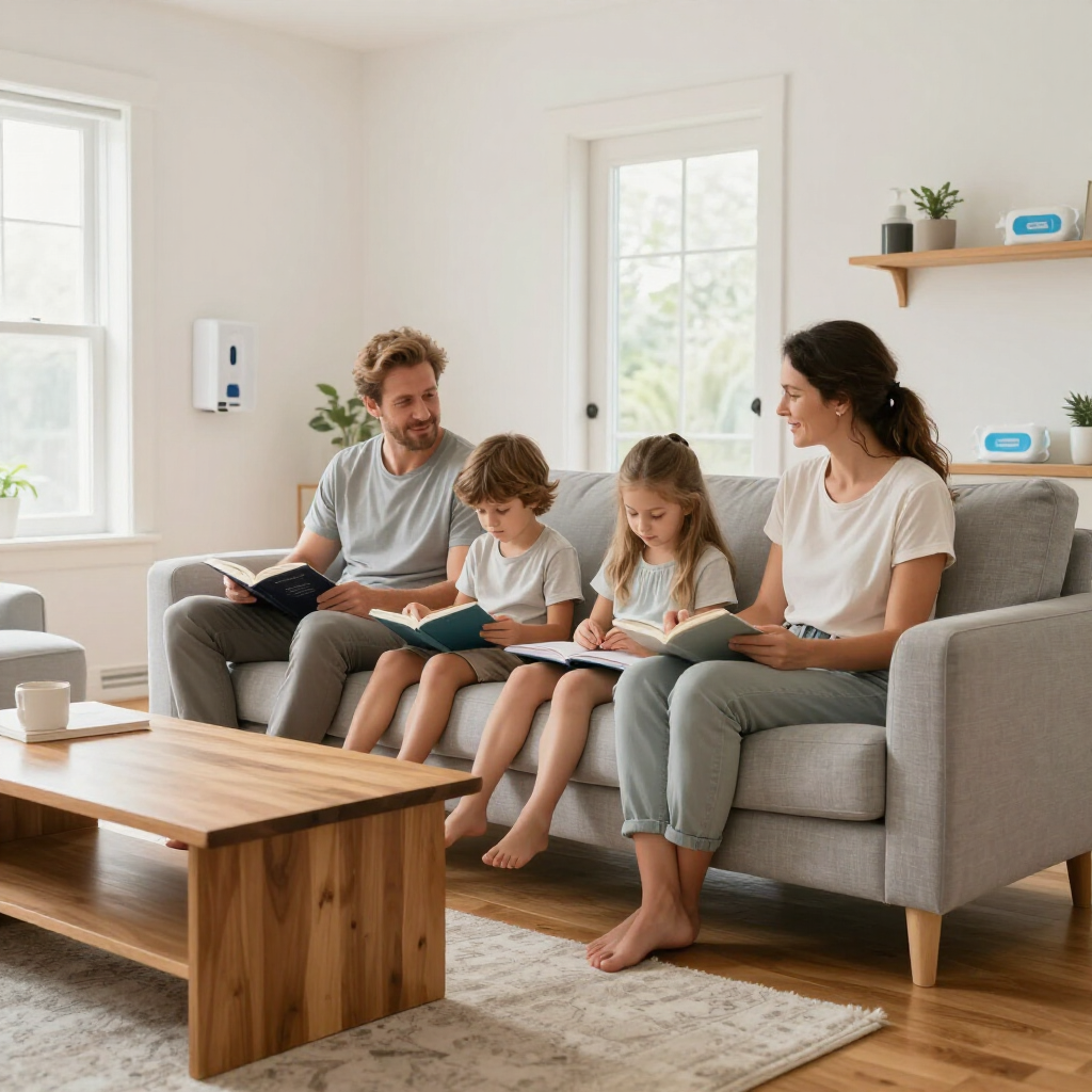 Family reading together on a gray sofa in a bright living room, with a wooden coffee table and books.