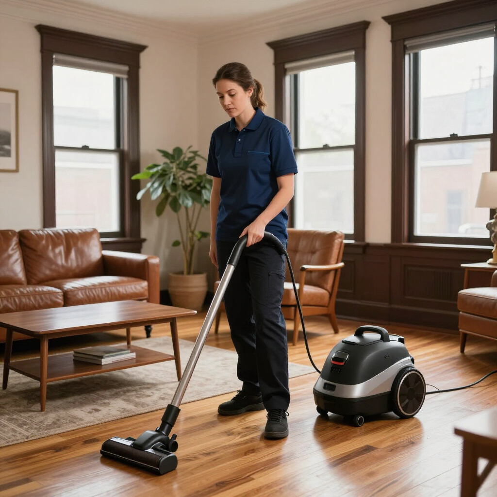 Person vacuuming a hardwood floor in a bright living room with a couch, table, and windows.