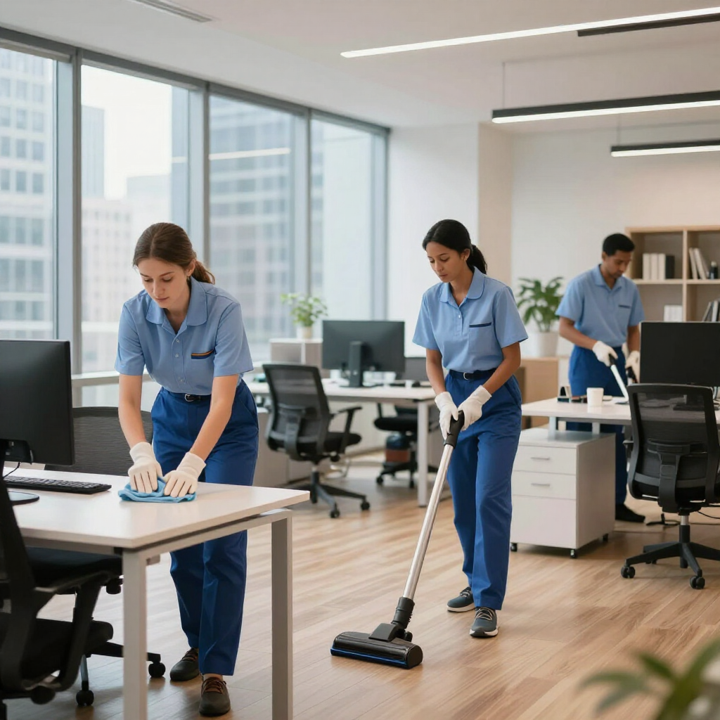 Office cleaners in blue uniforms vacuuming and wiping desks in a bright modern workspace