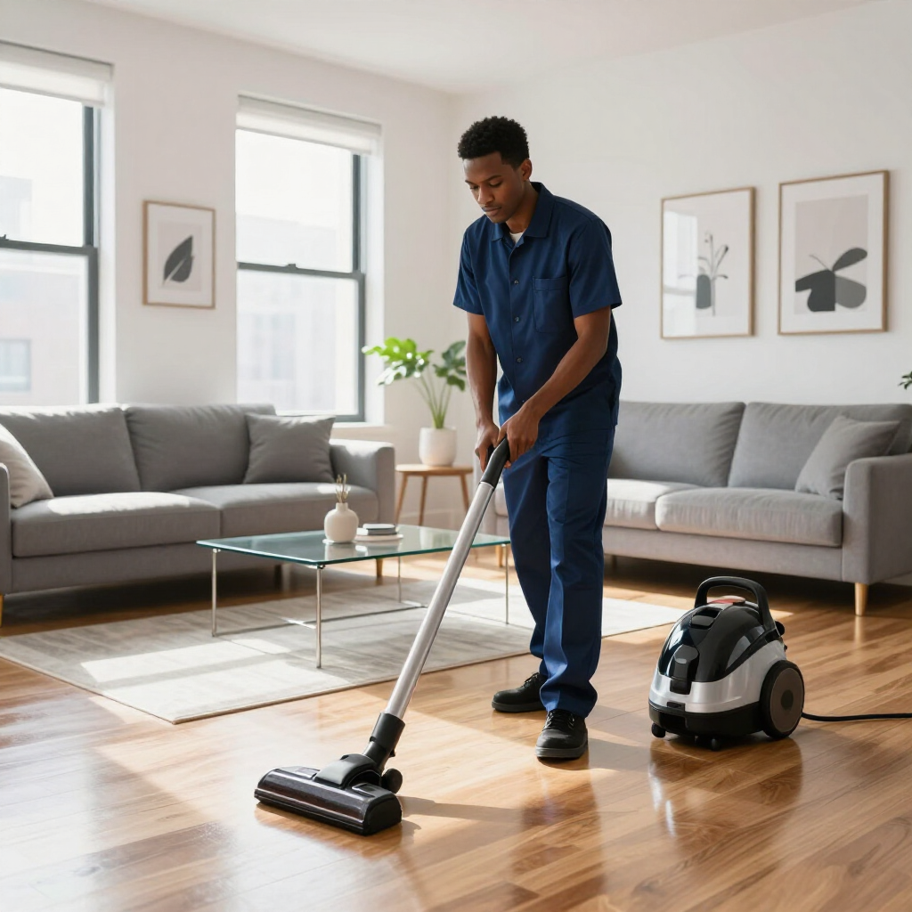 Person vacuuming a sunlit living room with a canister vacuum on hardwood floors