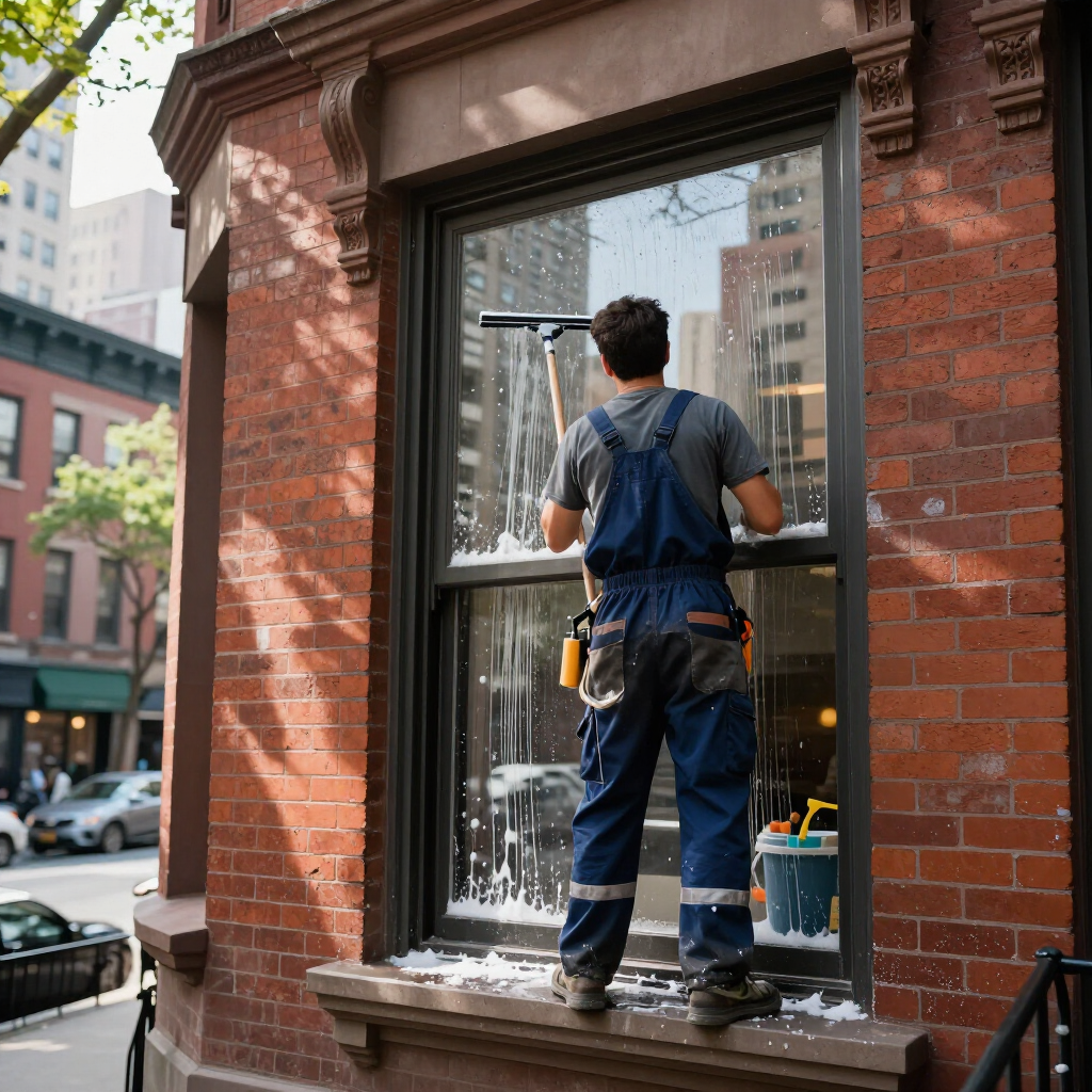 Worker on a window ledge cleaning a brick building window with a squeegee.