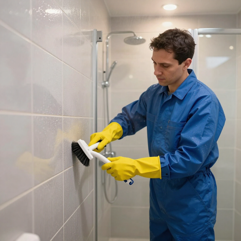 Person in blue coveralls and yellow gloves scrubbing a tiled shower wall with a brush