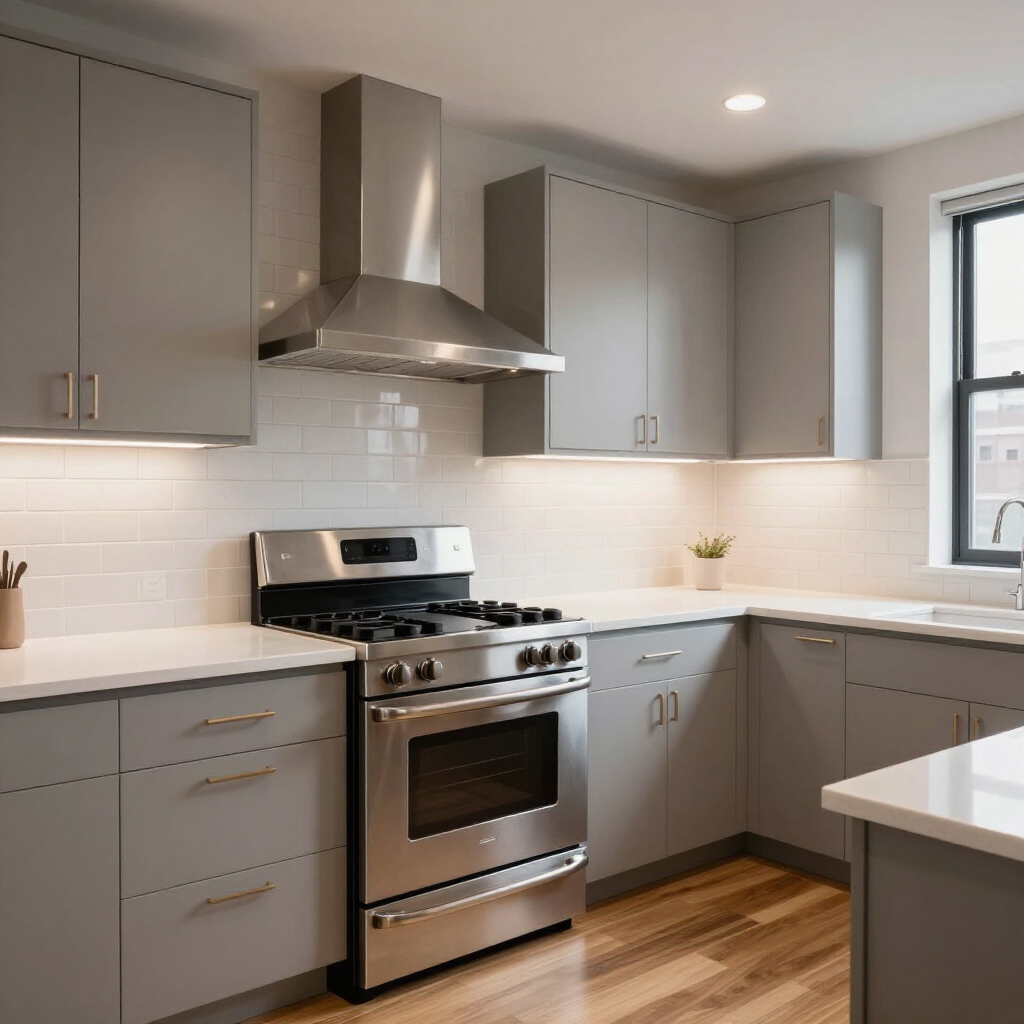 Modern gray kitchen with stainless steel stove, white backsplash, and wood floor
