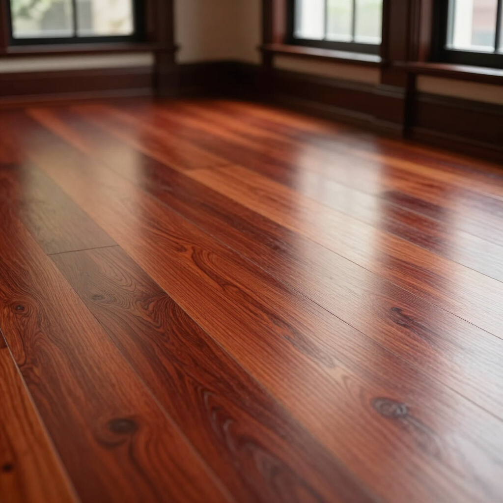 Polished reddish-brown hardwood floor in a sunlit room with windows