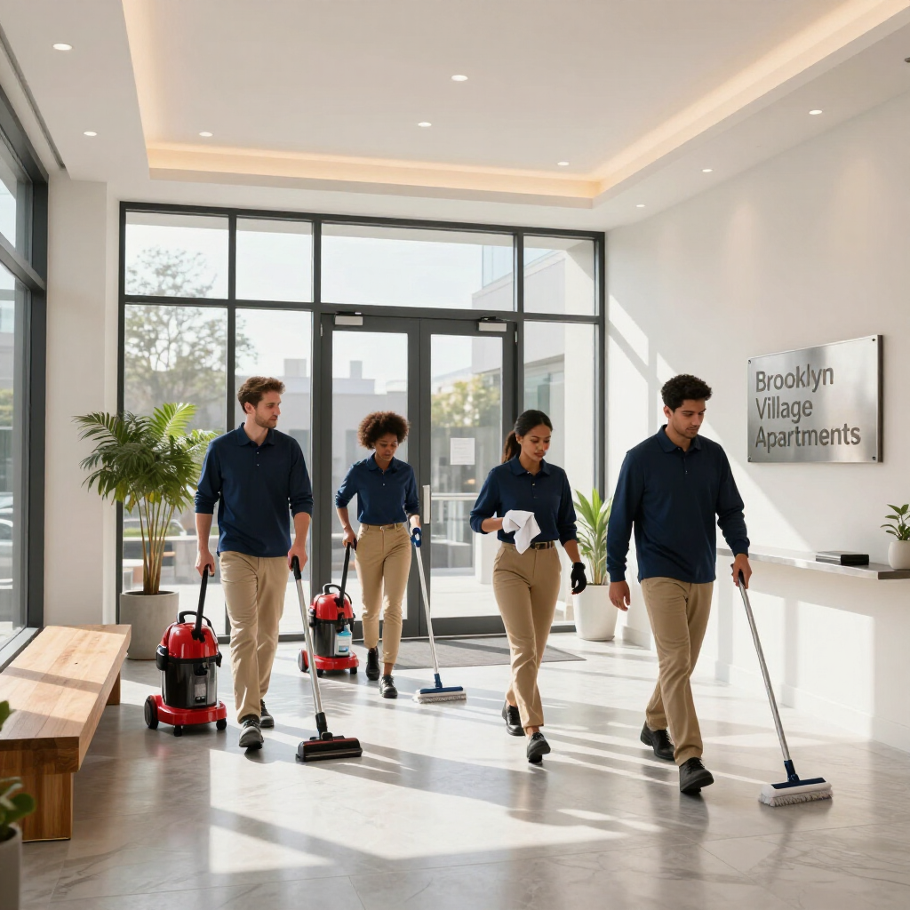 Five janitors cleaning a bright apartment lobby with vacuums and mops