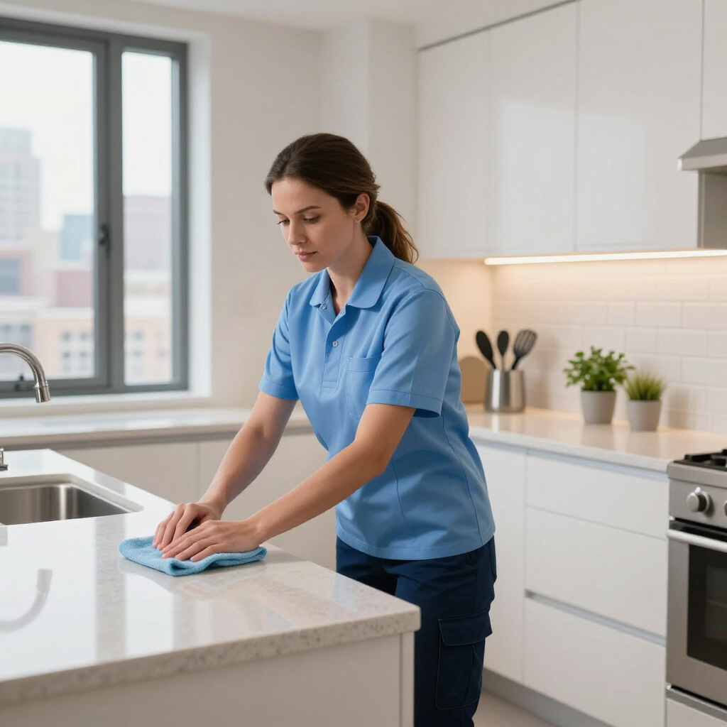 Woman wiping a white kitchen countertop with a blue cloth in a bright modern kitchen